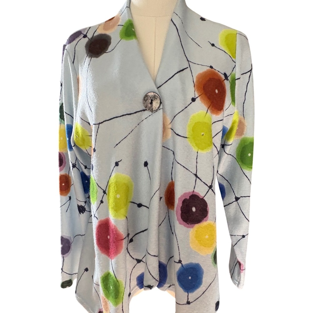 Trisha Tyler Womens Large Blue Abstract Polka Dot Single Button Cardigan Sweater